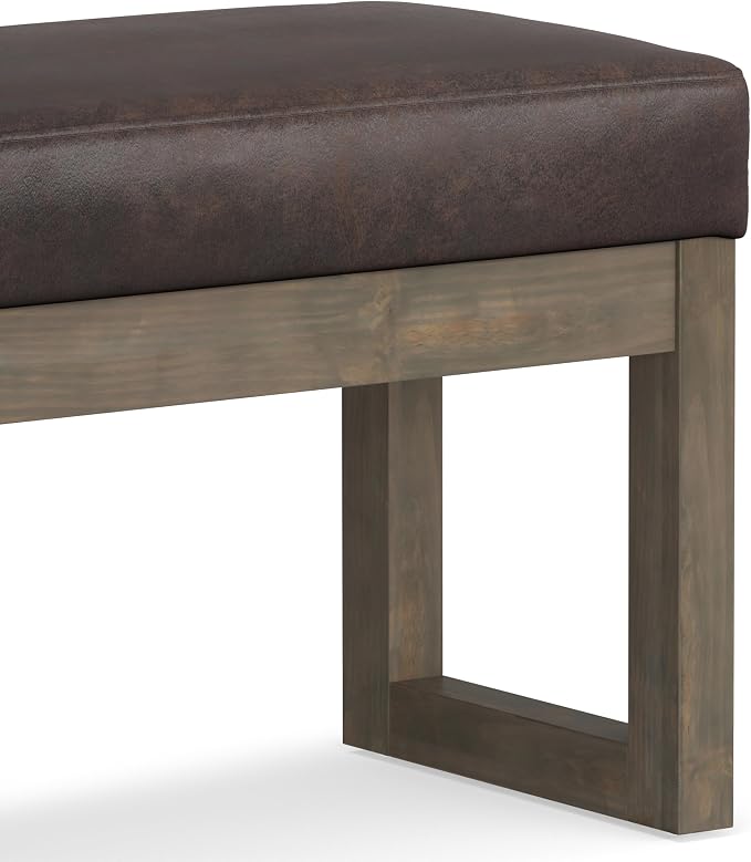 SIMPLIHOME Milltown Small Ottoman Bench - 27 inch Wide Upholstered Vegan Leather Rectangle Footstool Ottoman in Distressed Brown, Contemporary Bench for Bedroom with Cushioned Seat