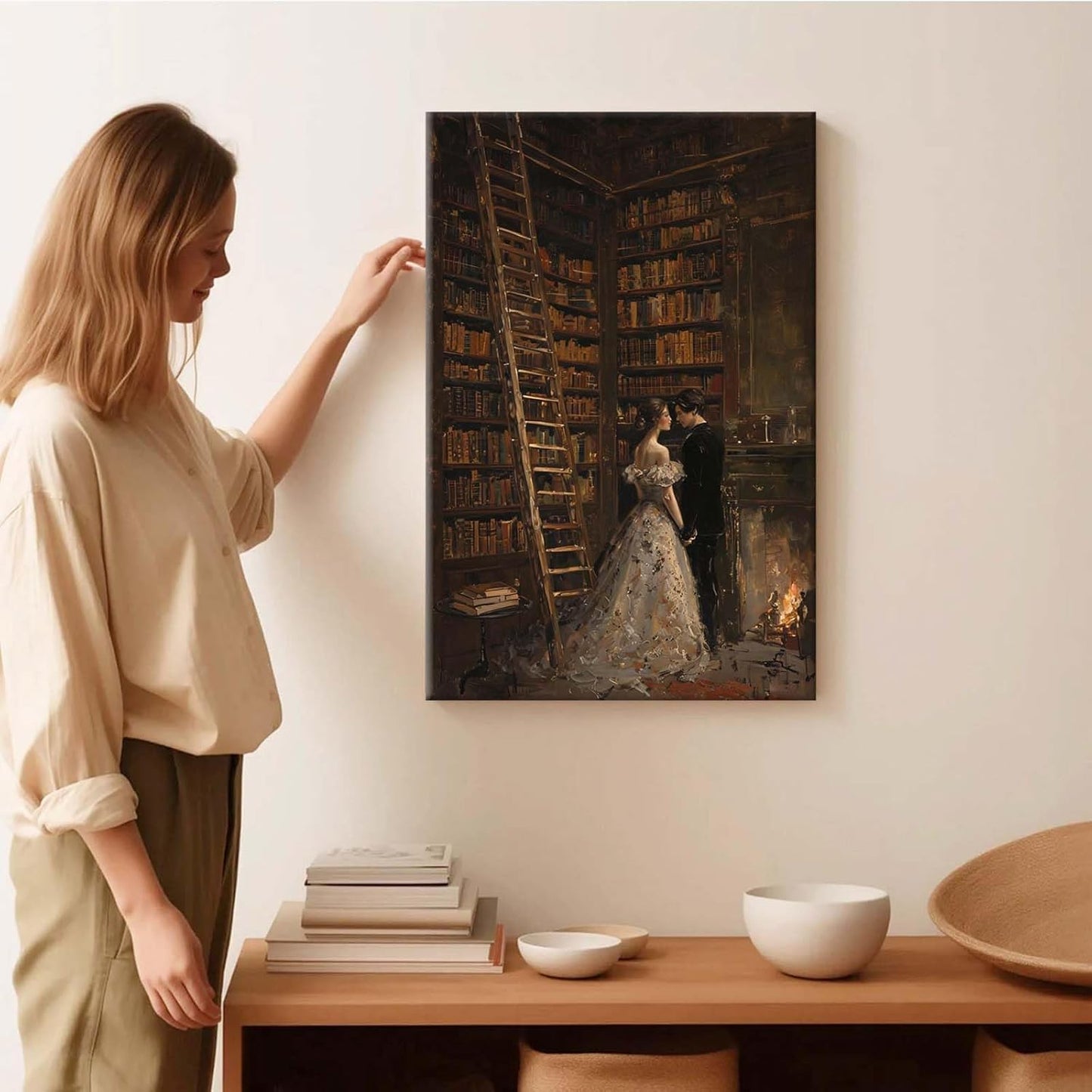 JFHCQJPK Gothic retro library scene decoration melancholy calm art college style wall aesthetic antique style home decoration suitable for bedroom living room16x24in Frameless