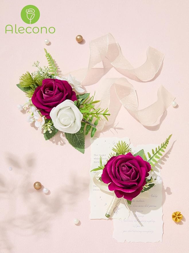 Alecono Fuchsia Corsage and Boutonniere Set, Hot Pink Corsage Wristlet for Bridesmaids, Boutonniere for Groom Groomsmen, Prom Wedding Accessories Suit Decorations