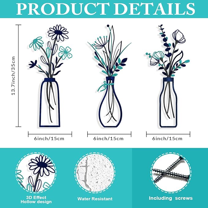Pigort 3 Pieces Metal Flowers Wall Arts - Rustic Farmhouse Style Décor Metal Wall Art Black Minimalist Flower Natural Themed Wall Decors for Home Bedroom Dining Room Housewarming (Blue)