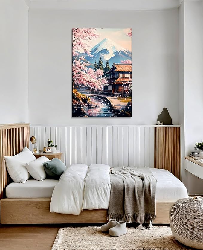 Japanese Wall Art Asian Landscape Canvas Prints Pink Cherry Blossom Trees with Cabin Picture Nature Painting for Bathroom Living Room Bedroom Modern Home Office Wall Decor(Art-3,20.00x30.00 inch)