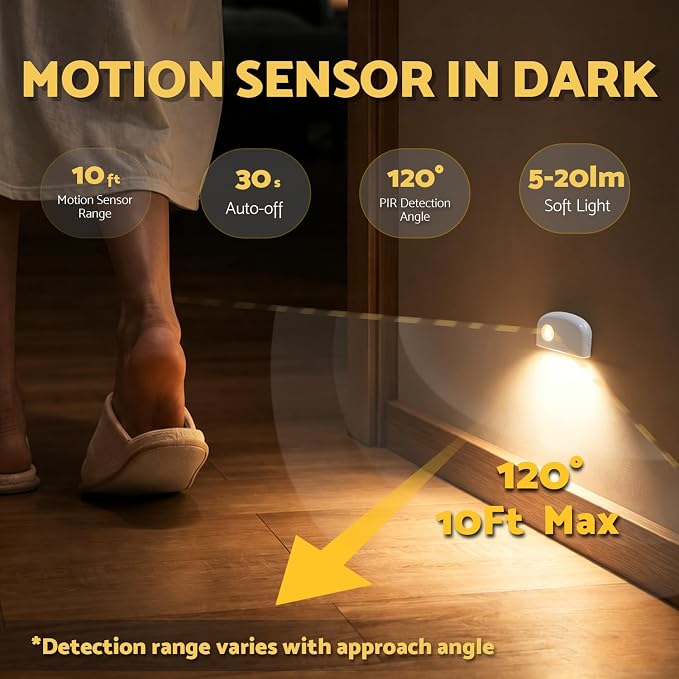 Dazzy Dot Motion Sensor Night Light, 6 Pack Rechargeable LED Stair Light | Ultra-thin design; 10hr runtime; 30s auto-off; stepless dimming; strong magnet; renter-friendly accessories