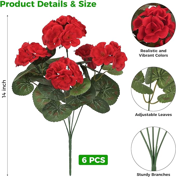 Ouddy Decor Artificial Geranium Flowers for Outdoors, Fake Silk Flowers UV Resistant Faux Geraniums for Vase Planter Garden Patio Balcony Porch Indoor Outdoor Spring Summer Home Decor, 6 Pcs Red