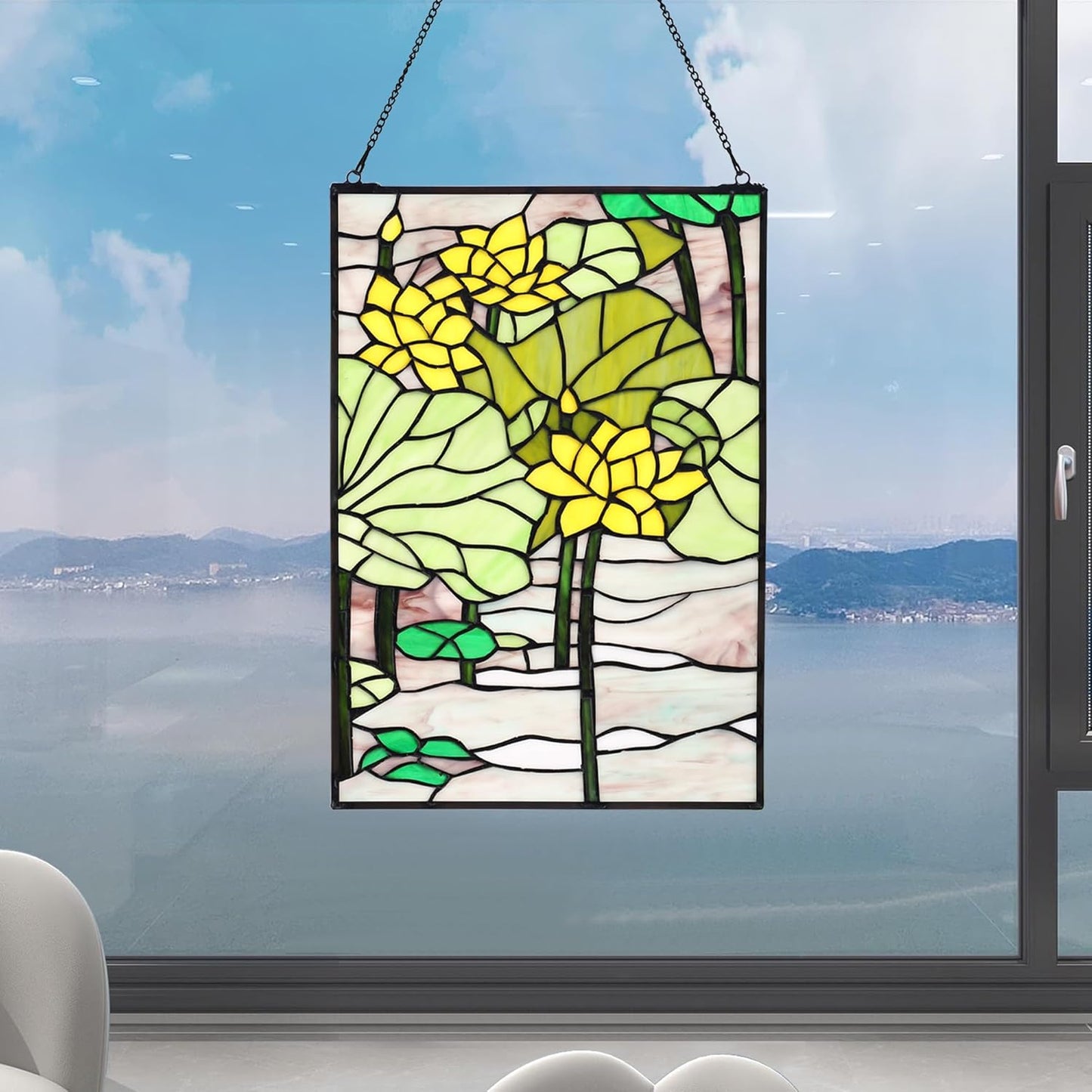 YOURANJU Stained Glass Window Hanging 16" H x 11" W Tiffany Style Rectangular Window Panel Suitable for Living Room Bedroom Kitchen Window Decoration Hangings with Chain (Lotus)