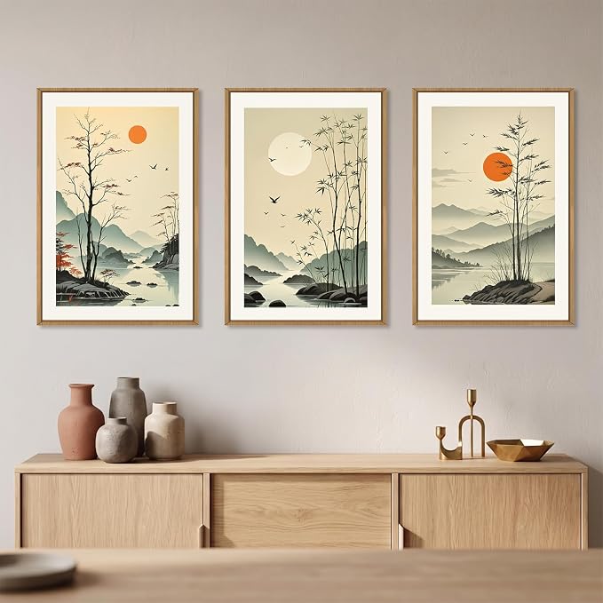 Chinoiserie Bamboo Forest Framed Canvas Wall Art Set, Nature Tree Lakes Wall Decor, Minimalist Zen Landscape Wall Painting, Watercolor Art Prints for Living Room, Bedroom, Office 24"X36"X3