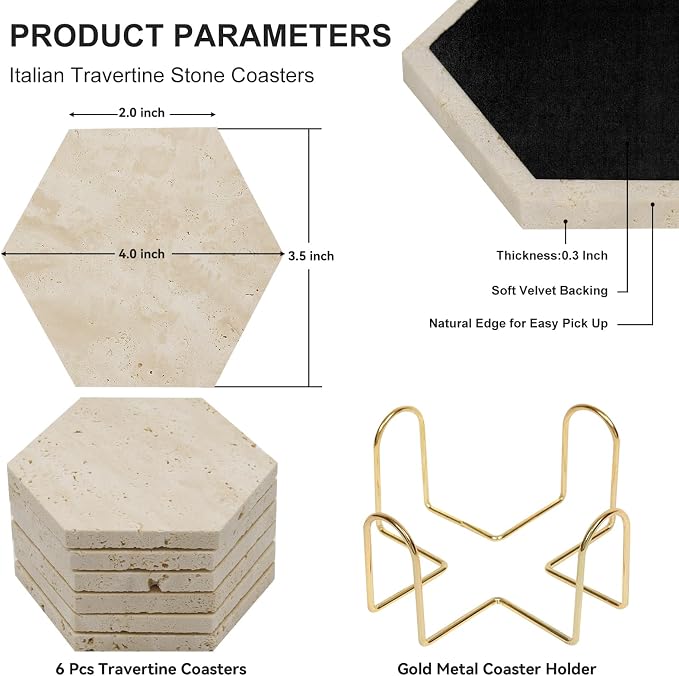 Travertine Coasters Set of 6 with Holder, Hexagonal Rustic Farmhouse Beige Marble Drink Coasters for Coffee Table Decor, Porous Stone Absorbent Coaster for Drinks, Velvet Backed
