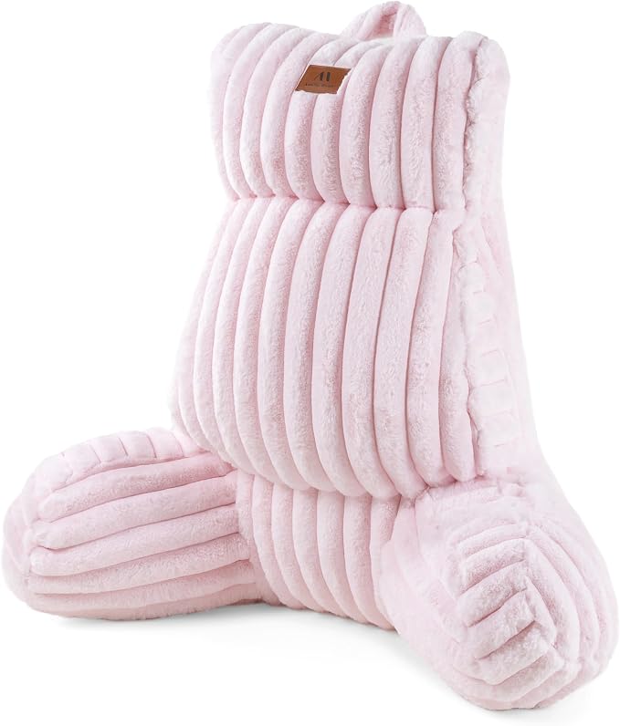 Amélie Home Faux Fur Reading Pillow with Pocket for Sitting in Bed, Adult Backrest Bed Pillow with Washable Cover for Lounging, Watching TV/Gaming/Resting/Post/Surgery/Nursing, Light Pink 29 inches