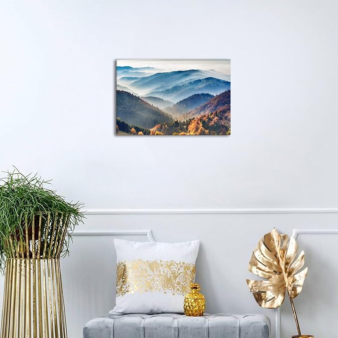 Foggy Mountain Wall Art Canvas Misty Forest Picture Wall Decor for Living Room Nature Landscape Painting Modern Artwork Framed American National Park Posters Bedroom Office Home Decorations 12x16