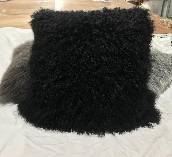 100% Real Mongolian Lamb Fur Cushion Cover/Pillowcase (20x20inch, Black) 1
