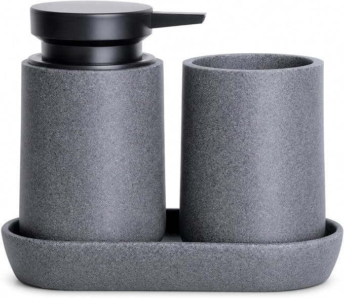 Clasin Home 3 Pcs Bathroom Accessories Set, Liquid Soap Dispenser with Large Pump, Toothbrush Holder Cup and Soap Dish, Sandstone Texture Bathroom Counter Set for Modern Home (Gray)