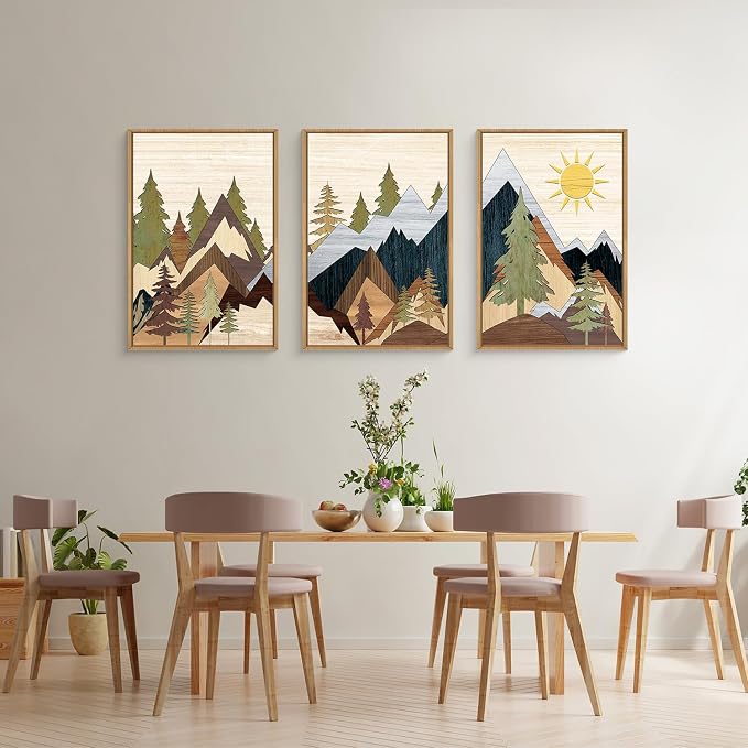 Mountain Pine Tree Framed Canvas Wall Art Set, Nature Wilderness Illustration Wall Decor, Woodcut Forest Wall Painting, Mid Century Modern Art Print for Living Room Bedroom Office 24"x36"x3