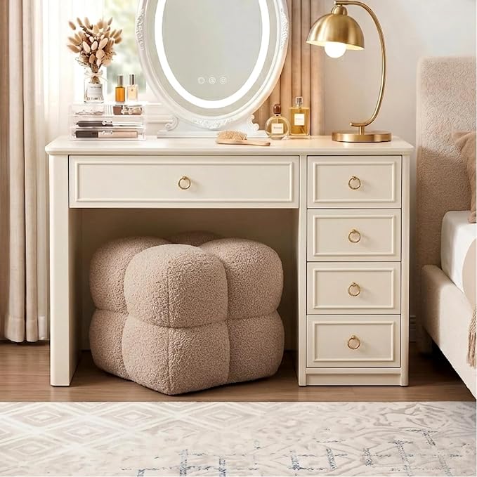Zesthouse Square Pouf Ottoman Set of 2, Modern Backless Vanity Chair for Bedroom, Tan Fuzzy Foot Rest for Couch, Upholstered Tufted Footstool, Sherpa Fabric Ottoman Coffee Table for Living Room