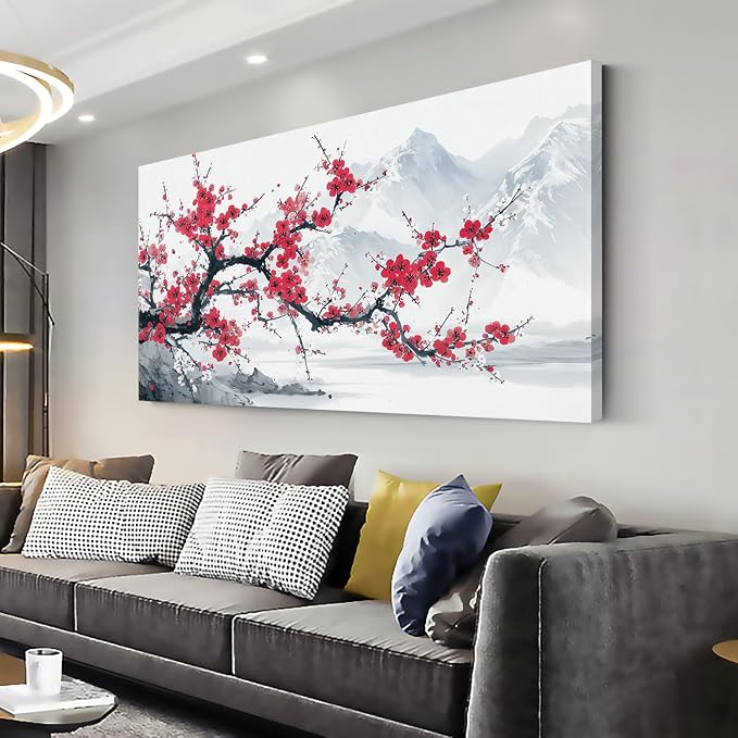 Ggaafet Red Plum Blossom Tree Wall Art for Bedroom Canvas Oil Painting Prints Beautiful Blooming Flower Floral Mountain Landscape Art Deco Nature Artwork Office Family Dining Room Decor