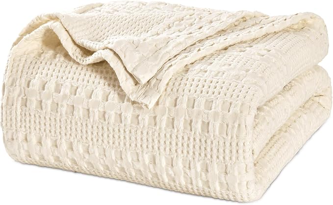 PHF 100% Cotton Waffle Blanket King Size for Bed, Lightweight Breathable and Soft for Summer, Luxury Aesthetic Waffle Weave Blanket for Home Decor & Gifts for Women, 108"x90", Natural