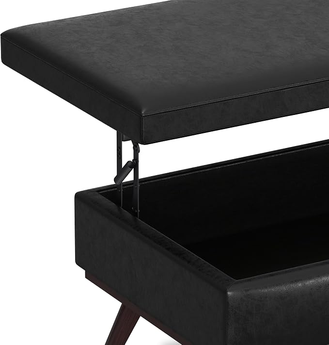 SIMPLIHOME Owen Lift Top Coffee Table Storage Ottoman - 42 inch Wide Upholstered Vegan Leather Rectangular Lift-Top Ottoman in Distressed Black, Mid-Century Modern Ottoman for Living Room
