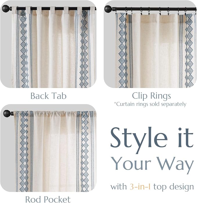 jinchan Boho Curtains Linen Blend Beige Farmhouse Curtains 96 Inches Long for Living Room Blue Square Embroidered Bordered Back Tab Bedroom Window Light Filtering Bohemian Drapes 2 Panels