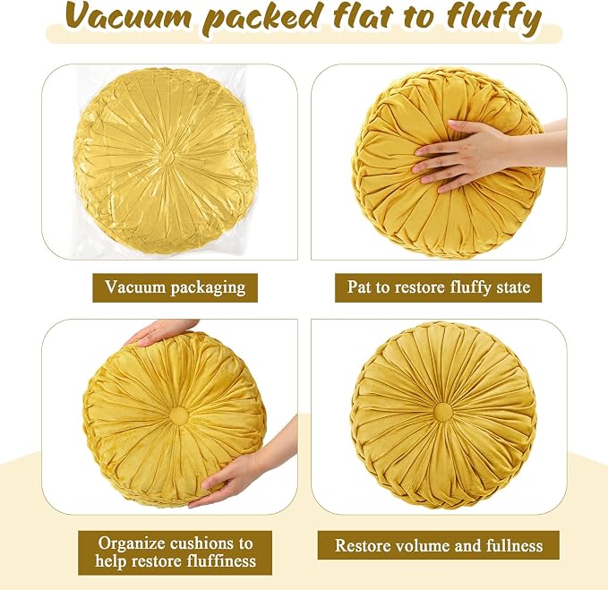 Drydiet 1 Pcs Round Throw Velvet Pillows Decorative Pleated Throw Pillows Diameter Accent Pumpkin Boho Chair Cushion for Couch Sofa Home Decoration (Golden Mustard,15'')