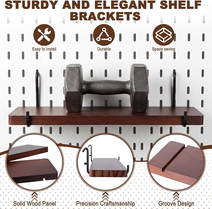 Novabright 6 Pcs Walnut Color Pegboard Shelves Set with Metal Brackets Hooks 11.8 x 4'' Wall Wooden Pegboard Shelving Heavy Duty Accessories for Crafts Office Garage, Compatible with IKEA Skadis
