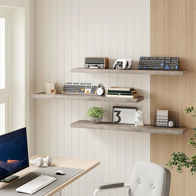 RALGEND Floating Shelves for Wall, 1.5" Thick Wall Shelf Set of 3 with Invisible Brackets, L47.2 x W7.9 Hanging Book Shelves Farmhouse Home Decor for Bathroom, Living Room, Bedroom, Greige 12301BJP3BG