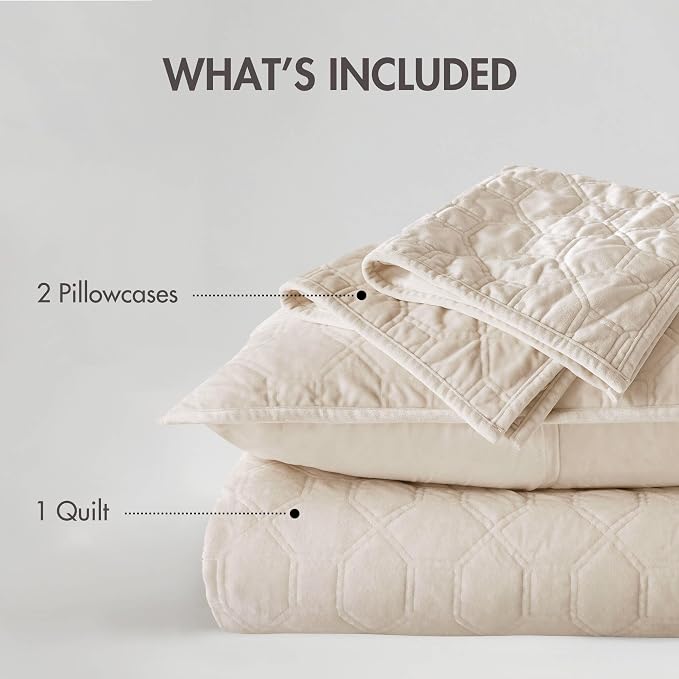 Madison Park Harper Quilt Set Velvet Casual Geometric Stitching Design All Season, Lightweight Coverlet, Cozy Bedding, Matching Shams, King/Cal King(104"x94"), Ivory 3 Piece