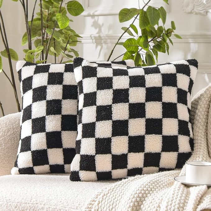 WACOMECO Decorative Throw Pillow Covers - Soft Sherpa Checkerboard Cushion Covers Faux Fur Pillow Cases for Sofa Bedroom Livingroom Car, 16 x 16 in, Black and Off White