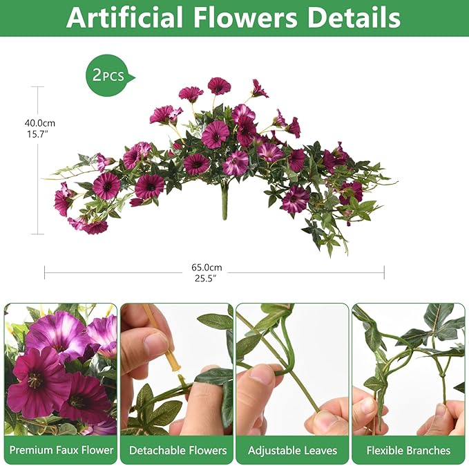 Artificial Fake Flowers Hanging Plants for Outdoor Spring Summer Decoration, 2Pcs Faux Petunias Realistic Silk Flower UV Resistant No Fade for Home Outside Garden Balcony Yard Porch Indoor (Fuchsia)