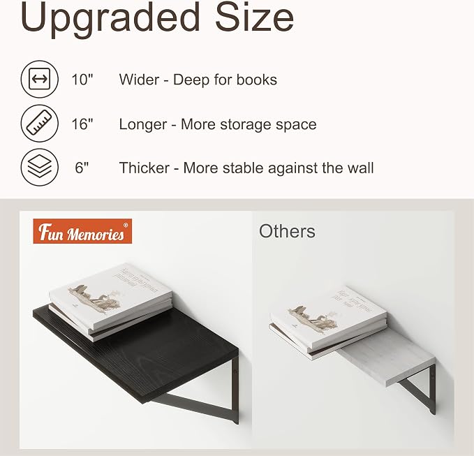 Fun Memories 10 Inch Deep Floating Shelves, Black Floating Shelf 16 Inch Long, 16" W x 10" D Wall Shelves Set of 2, Deep Shelves for Books, Wide Floating Shelves for Bahtoom, Living Room, Kitchen