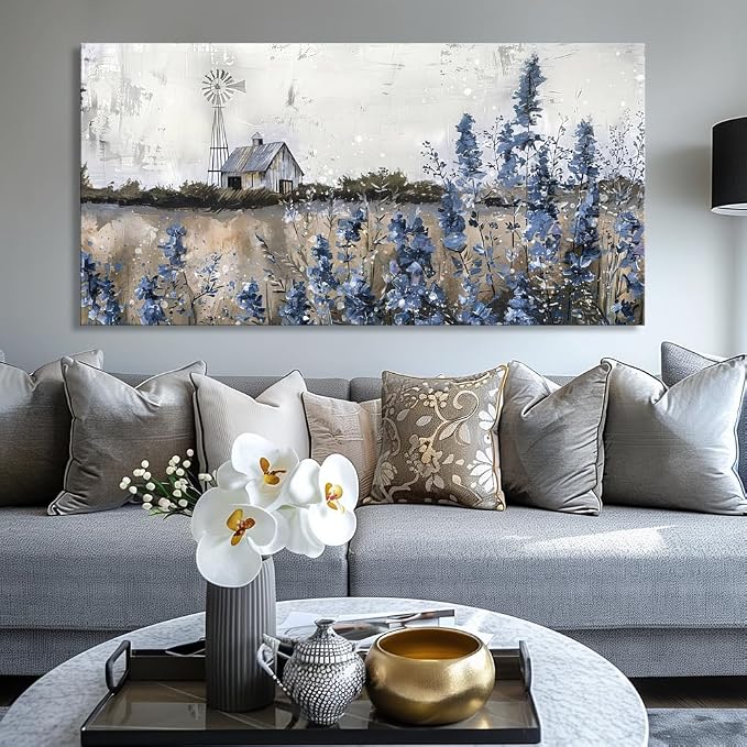 Wall Art Vintage Farmhouse Canvas Print Retro Countryside Flower Field Nature Meadow Landscape Rustic Windmill Barn Picture Framed Artwork for Home Bedroom Living Room Black Purple 58x28in