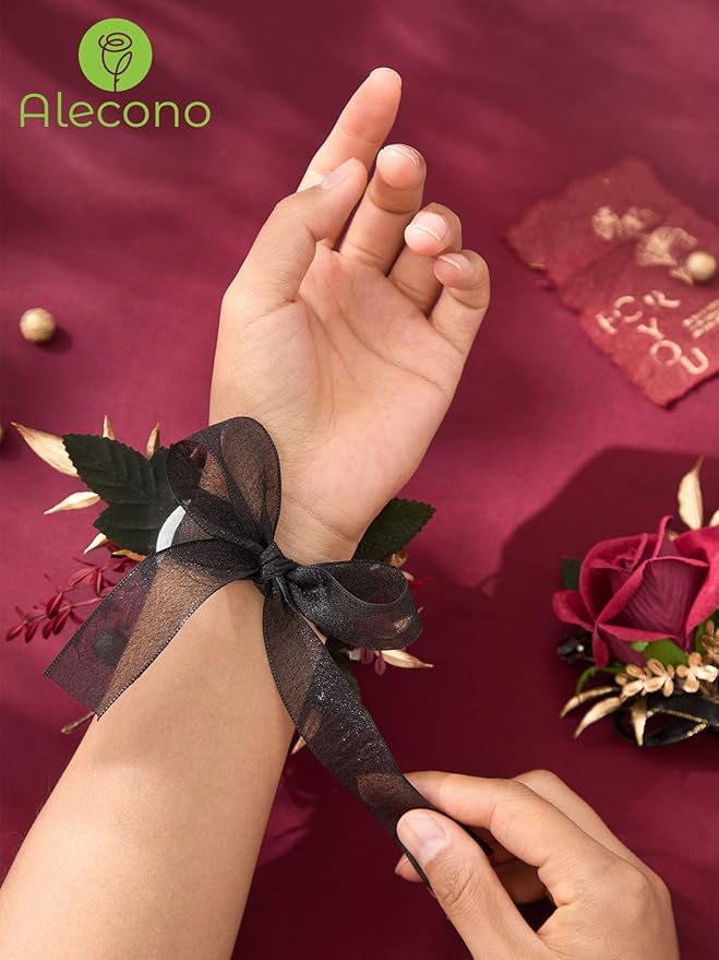 Alecono Burgundy Corsage and Boutonniere Set, Red and Black Rose Corsage Wristlet and Boutonniere for Wedding Prom Flower Accessories Suit Decorations