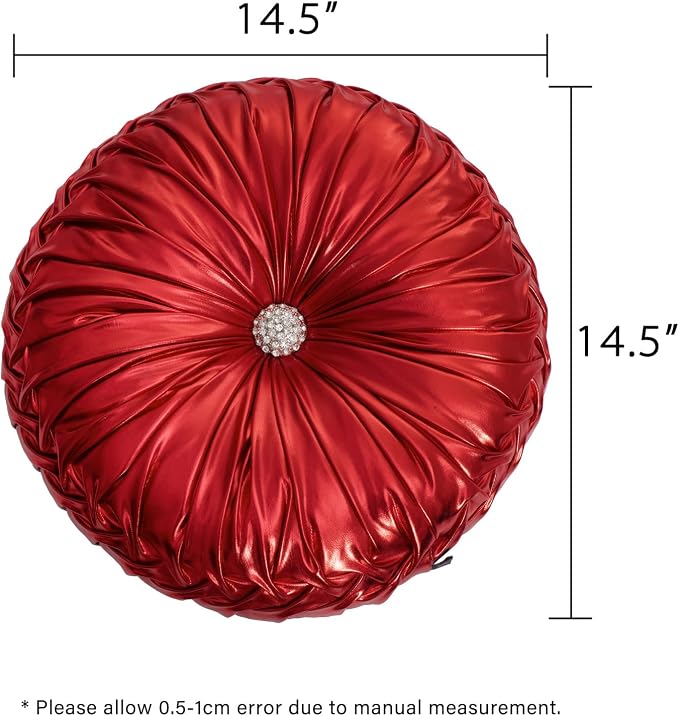 HIG Set of 2 Handcrafted Red Ruched Round Throw Pillows – 14.5’’ Metallic Leather Decorative Pillows with Soft Polyester Filling for Couch, Bed, Living Room, Bedroom, or Dorm
