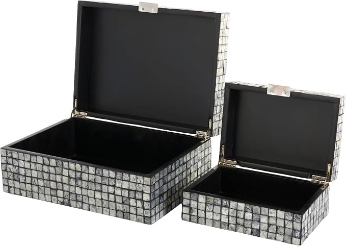 Deco 79 Mother of Pearl Shell Geometric Handmade Decorative Box Square Mosaic Storage Decorative Keepsake Box with Beige Accents, Set of 2 Storage Box 12", 8"W, Gray