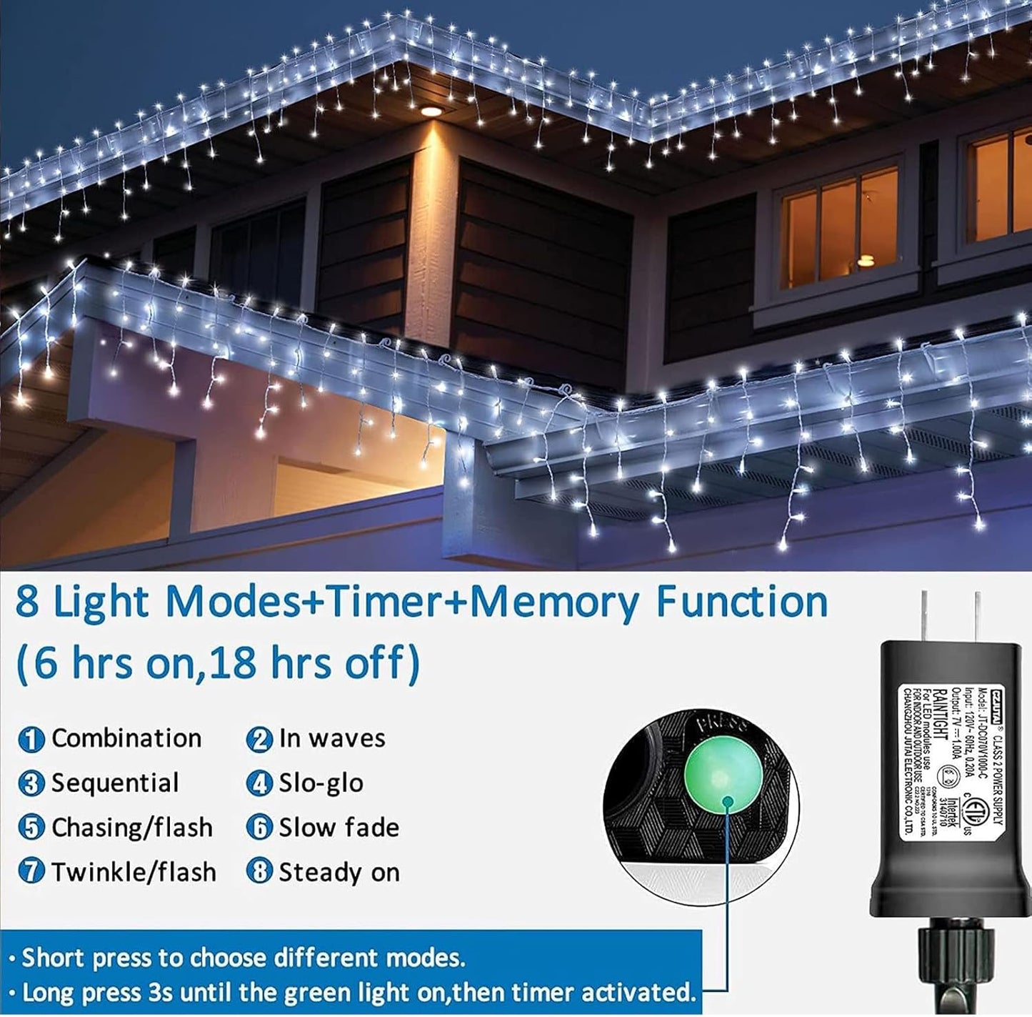 YEGUO 33ft 400 LED Icicle Lights Outdoor, 80 Drops Icicle Christmas Lights Connectable, 8 Modes White Icicle String Lights with Timer Memory Indoor