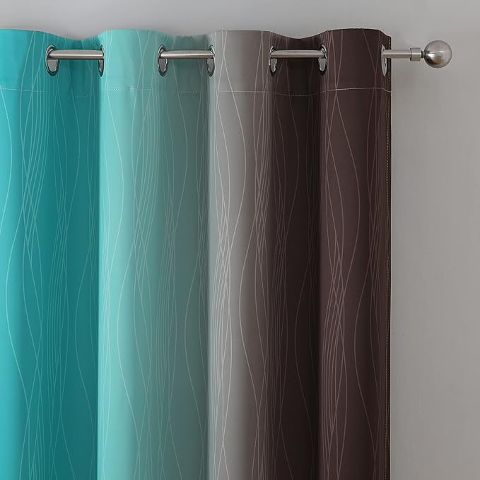 Estelar Textiler Brown and Teal Ombre Blackout Curtains 90 Inch Length 2 Panels Set, Thermal Insulated Drapes for Bedroom, Full Room Darkening Grommet Gradient Curtains for Living Room,52Wx90L
