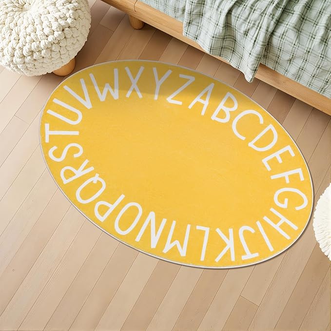 Topotdor Oval Kids Play Rug Alphabet Nursery Area Rug Extra Large Soft Crawling Play Mat for Children Toddlers Bedroom (47x70 inch, Yellow)