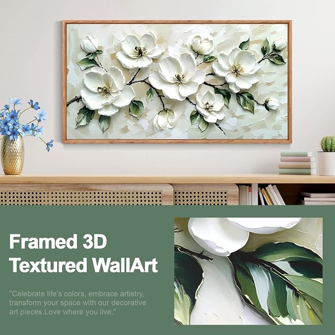CHDITB 3D White Magnolia Floral Impasto Relief Textured Framed Canvas Wall Art Set, Neutral Beige Minimalist Wall Decor, Modern Texture Art Prints for Living Room Hallway Bedroom Home Decor 40"x20"