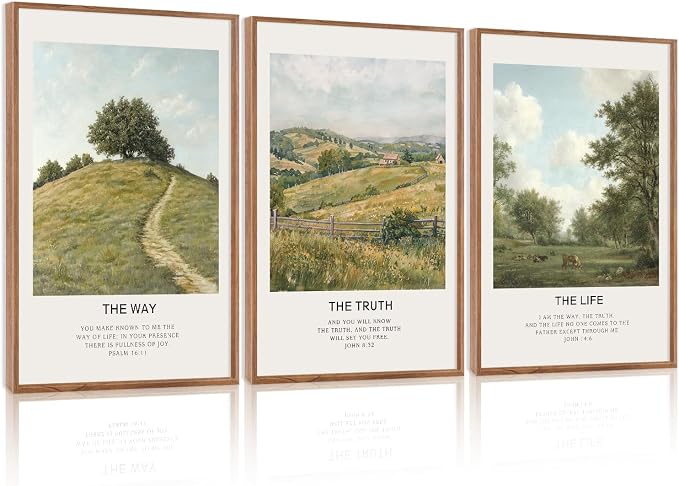 LHIUEM Christian Bible Verse Framed Canvas Wall Art,Vintage Jesus Wall Decor,Religious Scripture Landscape Painting,Natural The Way The Truth Artwork for Living Room,Bedroom,Dining Room -24"x36"x3