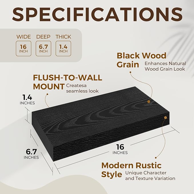 Dreamland 16" Black Floating Shelves 6.7" Deep Wall Mounted Set of 2 | Wall shelves for bathroom, bedroom, Living Room, kitchen, deep wall mount wood storage display for home decor 16" x 6.7"