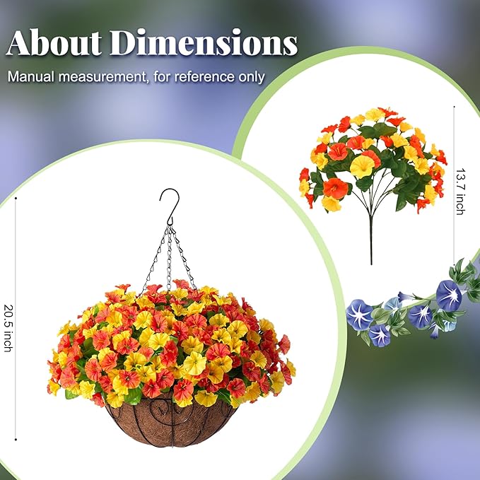 Ammyoo Artificial Hanging Flowers with Basket, Faux Silk Petunias Flower Arrangement, Coconut Lining with Morning Glories Fake Plants Patio Garden Porch Deck Fall Decor(Orange Yellow)