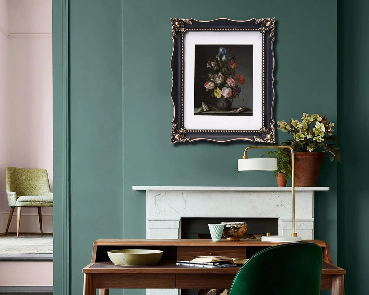 11x14 Vintage Picture Frame with Embossed Flower Design, Black Ornate Frame for 11x14 or 8x10 Pictures with White Mat, Home Decor (Black, 8x10)