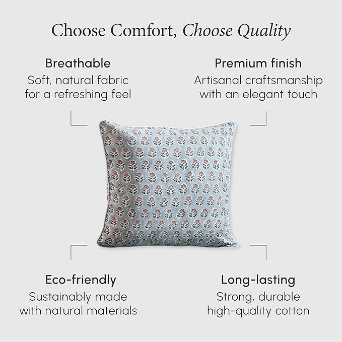 CPC 100% Cotton Throw Pillow Covers 24x24 Inch, Set of 2 Gray Block Print Pattern Couch Pillow, Cute Boho Decorative Pillows for Living Room, Bedroom with Hidden Zipper- Labra Gray