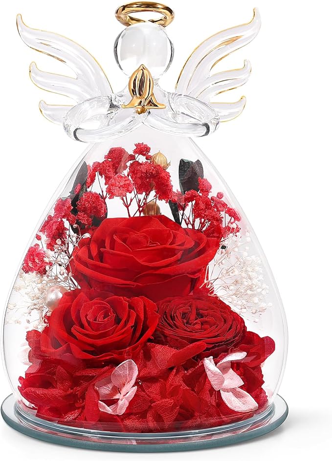 Gifts for Mom Mothers Day Birthday Gifts for Women Preserved Rose Forever Flower in Glass Angel Figurines Fresh Flowers for Delivery Anniversary Real Colorful Roses for Grandma Her Wife from Daughter