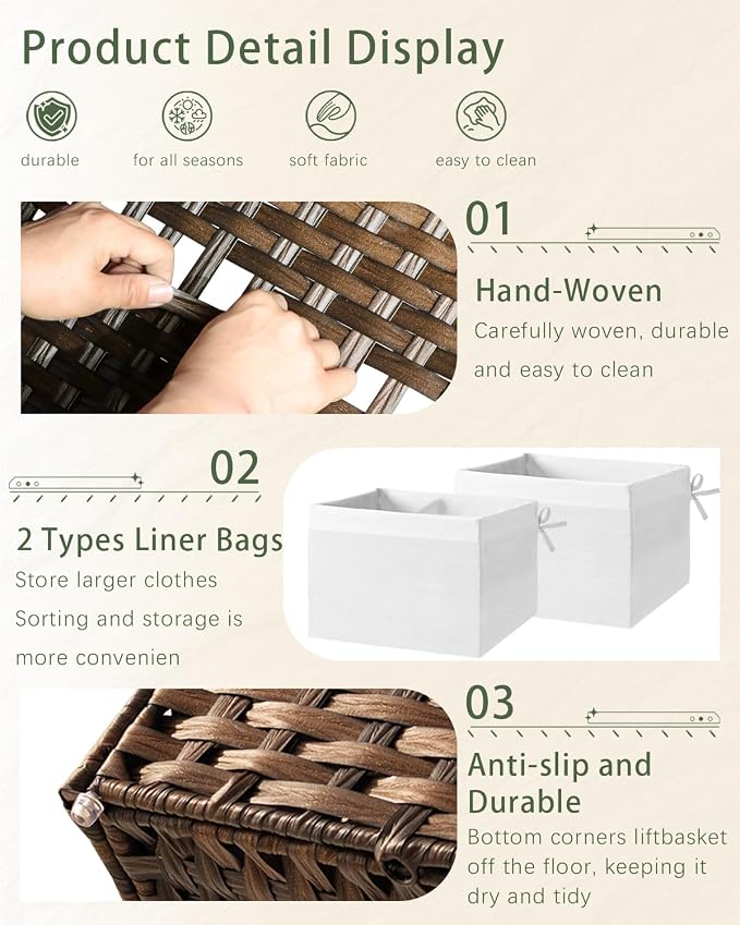 SETVSON Storage Basket with Lid Wicker Baskets for Storage with 2 Separate Lid 42.3 Gallon (160 L) 29.9 x 17.3 x 18.1 Inches Rattan Woven Large Wicker Basket with 2 Liners for Bedroom Laundry Brown