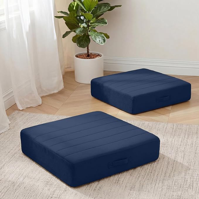 MeMoreCool Square Floor Pillows for Adults Kids, 2 Sets Large Meditation Cushion with 5" Thick Foam and Washable Tufted Cover, 24 Inch Navy Seat Floor Cushions for Sitting and Yoga