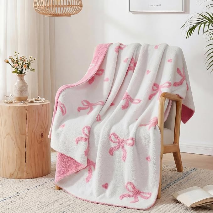 WRENSONGE Soft Throw Blanket for Couch-Cozy Reversible Knitted Blankets | Lightweight Warm Fluffy Decor for Women, Mom, Her & Girls, Sofa, Chair, Bed, 50x60in,Bubble Bowknot Pink