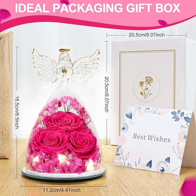 Flowers for Delivery Gifts for Mom Mothers Day Birthday Gifts for Women Grandma Fresh Preserved Flowers Forever Real Roses in Glass Angel Figurines Anniversary Present for Wife Her Friends Daughter