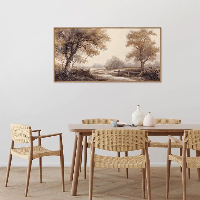 Rantodecor Vintage Landscape Framed Canvas Wall Art, Rustic Tree Sketch Wall Decor, Large Claming Nature Forest Art Paintings, Modern Relax Farmhouse Artwork for Bedroom Living Room 40"x20"
