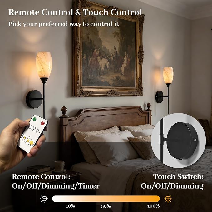 Vintage Battery Operated Wall Sconces Hand-Blown Glass , Rustic Touch & Remote Control Wall Lights Set of 2, Rechargeable 8000mAh, 3 Temperatures, Dimmable, Wireless Sconce for Bedroom Living Room