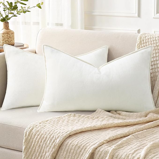 decorUhome Summer Couch Throw Pillow Covers 12x20 Set of 2, Decorative Soft Velvet Modern Cozy Chenille Lumbar Pillow Cases with Elegant Design for Sofa Bed Living Room Home Decor, Cream White
