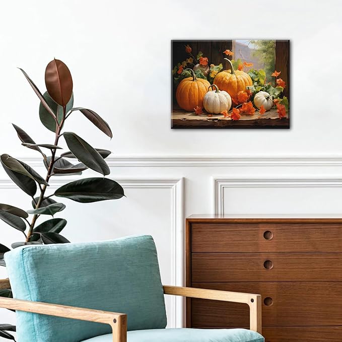 Fall Pumpkin Canvas Wall Art Halloween Pictures Maple Leaf Decor Thanksgiving Wall Prints Rustic Autumn Themed Wall Decor Framed Modern Artwork for Living Room Kitchen Bedroom Home Decorations 12x16”