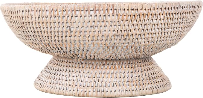 KOUBOO La Joll Rattan Fruit Bowl, Hand Woven Food Fruit Vegetable Bowl, Wicker Storage Basket, Wicker Fruit Bowl for Kitchen Counter, Large, white wash